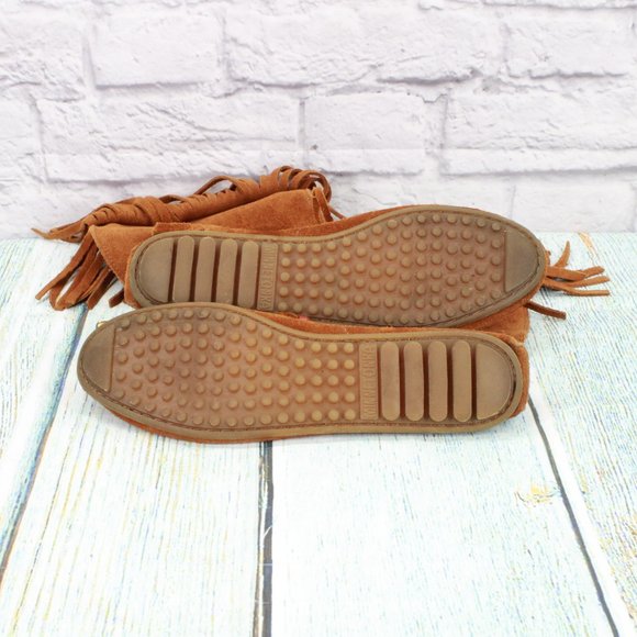 *Minnetonka Brown Suede Lace-up Pull On Fringe Moccasins Booties Size - Picture 9 of 9